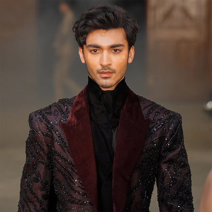 Double-Breasted Maroon Net-Embroidered Jamawar Jacket