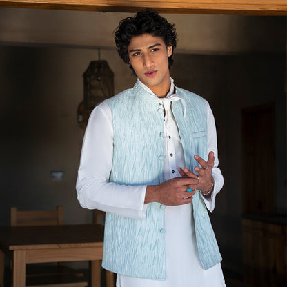 Ice Blue Crush Jamawar Three-Piece Suit