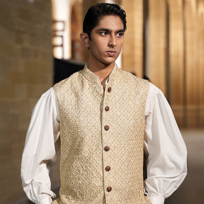 Beige Raw Silk Embroidered Waistcoat