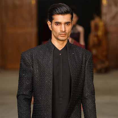 Black Open-Front Sherwani in raw silk with cut-dana work