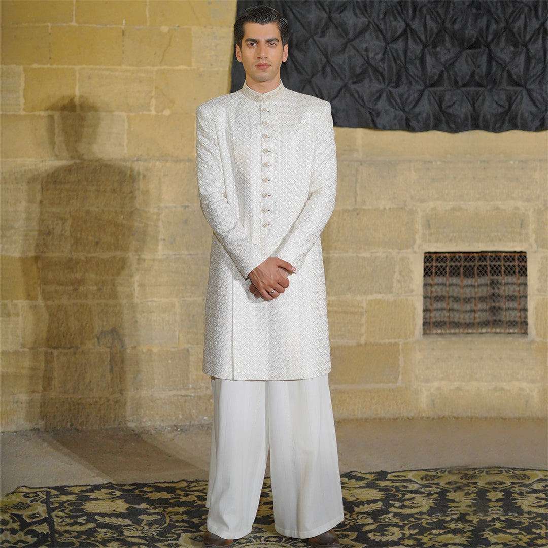 White Chiffon Open Front Kurta with embroidered neckline and buttons