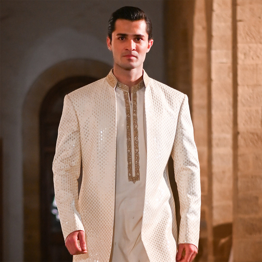 Cream Satin Silk Open Front Sherwani