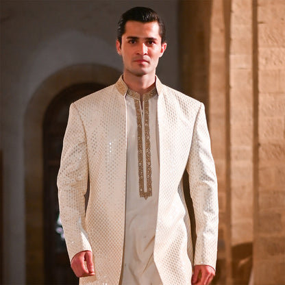 Cream Satin Silk Open Front Sherwani