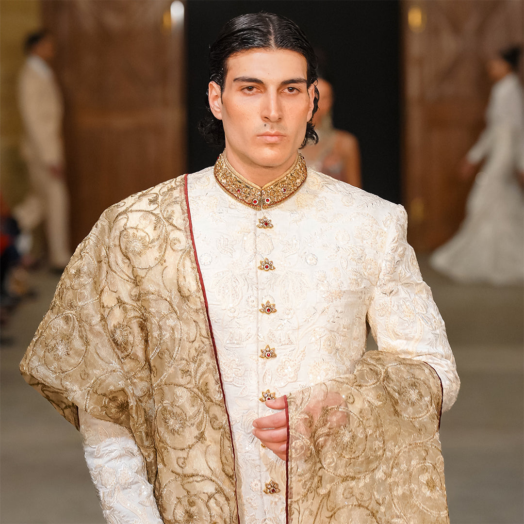 White Floral Embroidered Jjamawar Sherwani With Hand Work