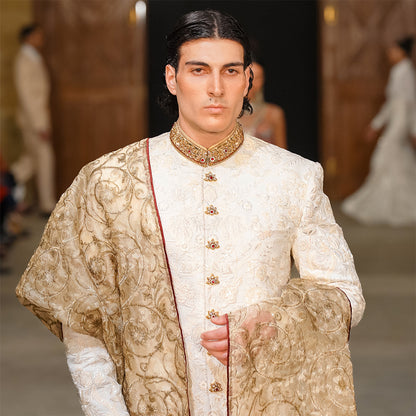 White Floral Embroidered Jjamawar Sherwani With Hand Work