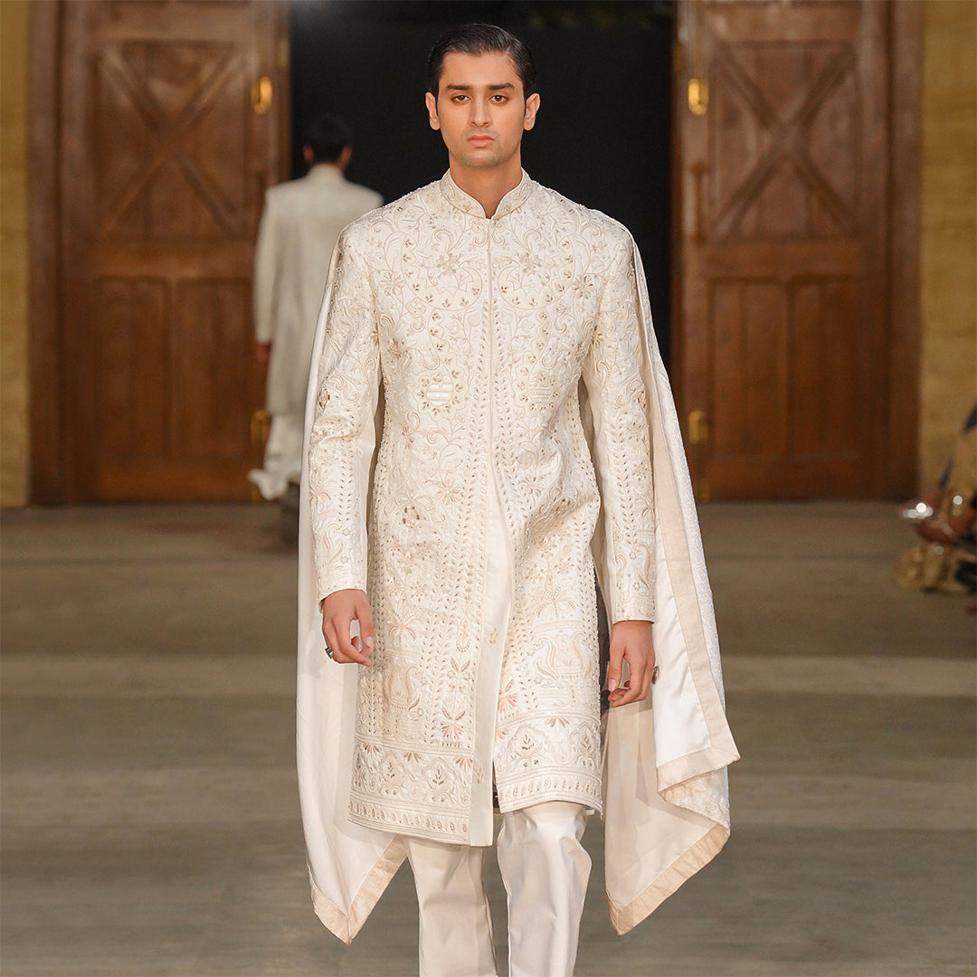 Off-White Satin Sherwani With Cut Dana Hand Embroidery