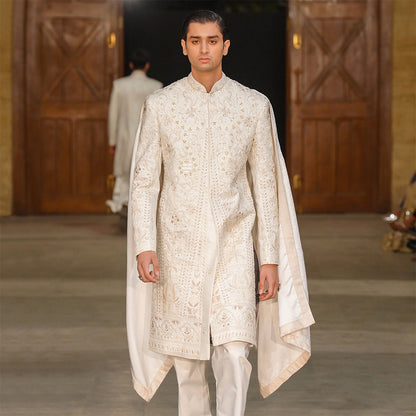 Off-White Satin Sherwani With Cut Dana Hand Embroidery