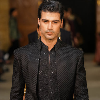 Black satin Embroidered Open-Front Sherwani