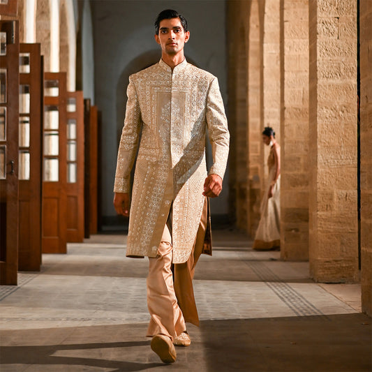 Beige Zari Machine Embroidered Sherwani