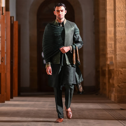 Green satin Embroidered Leaf-Design Waistcoat