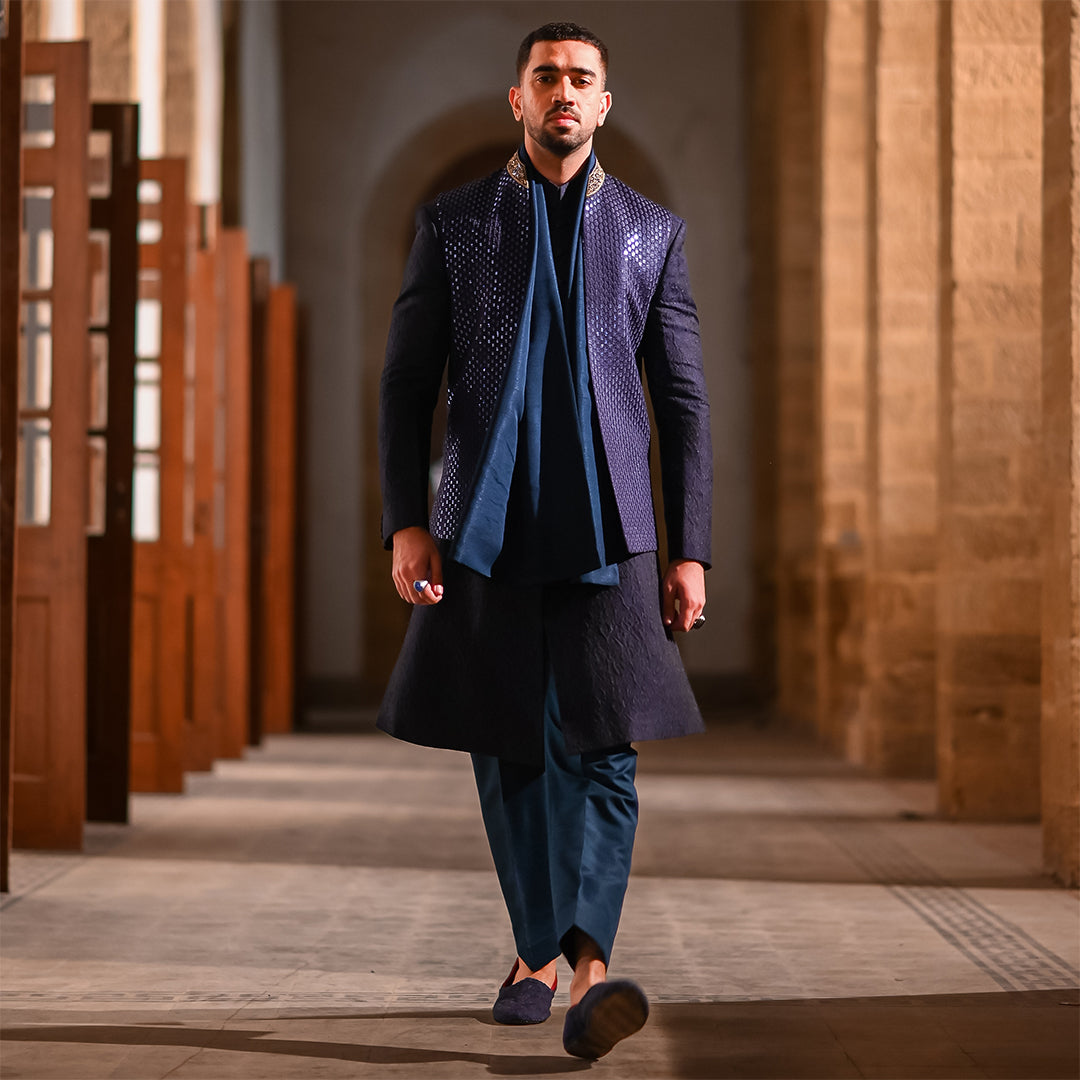 Blue Leaf Design Embroidered Waistcoat