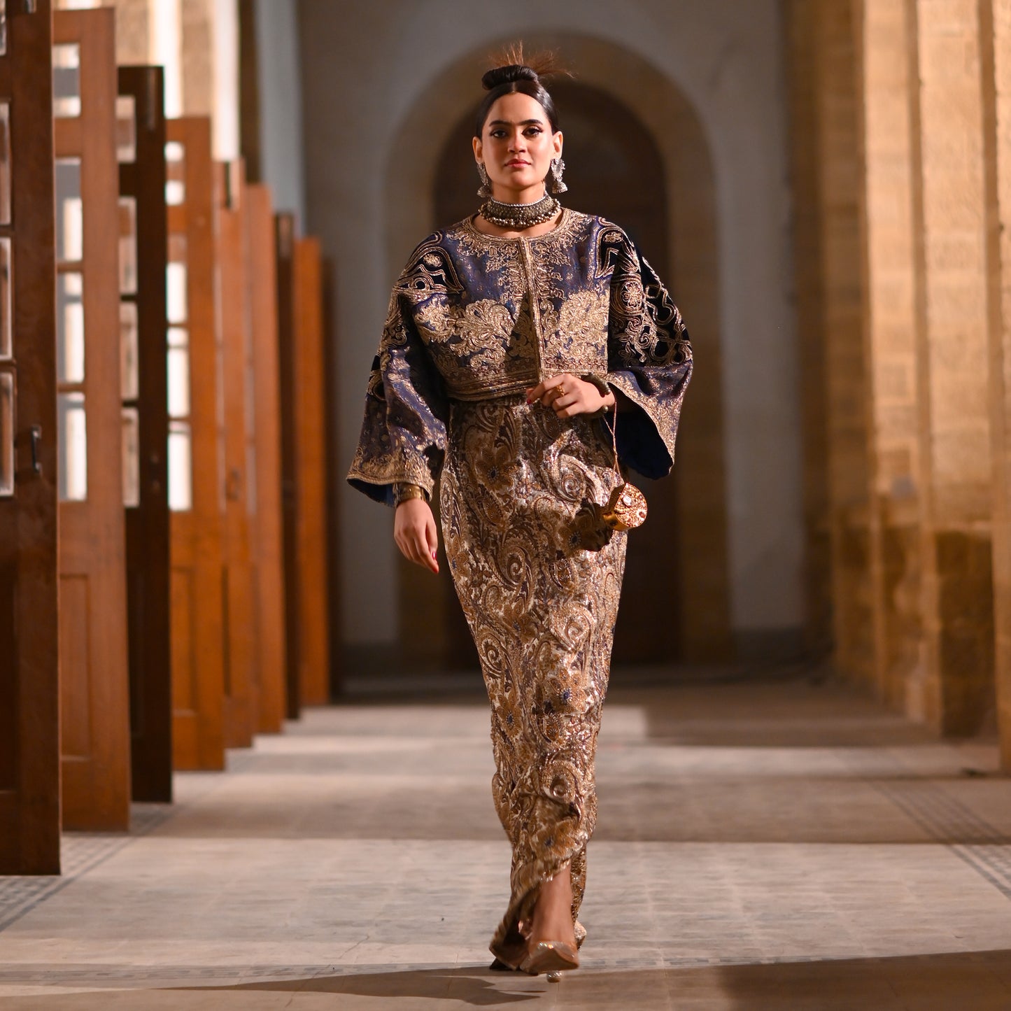 Antique Gold Jamawar Crop Jacket with Pencil Skirt