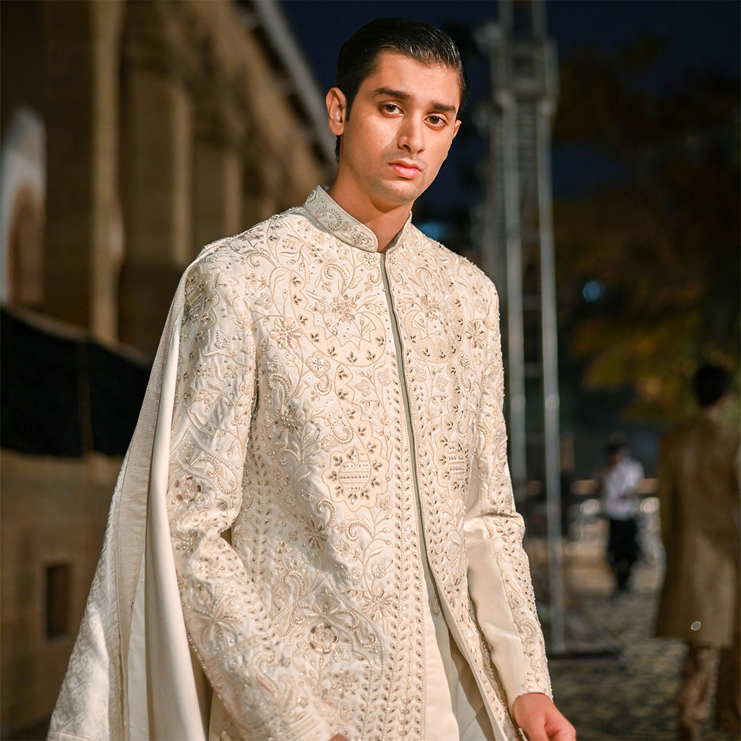 Off-White Satin Sherwani With Cut Dana Hand Embroidery