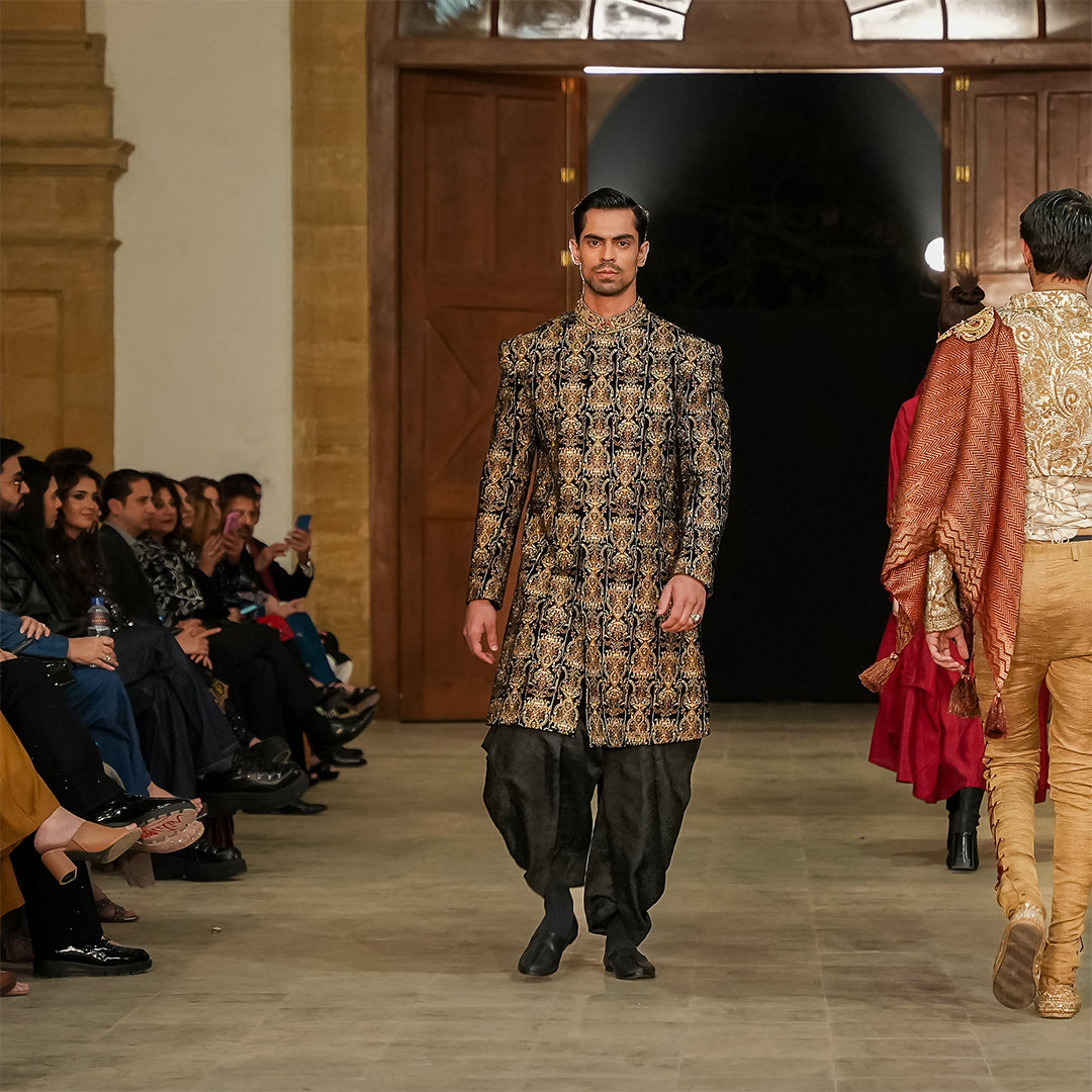 Black velvet Sherwani with Zari Embroidery