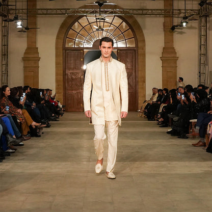 Cream Satin Silk Open Front Sherwani