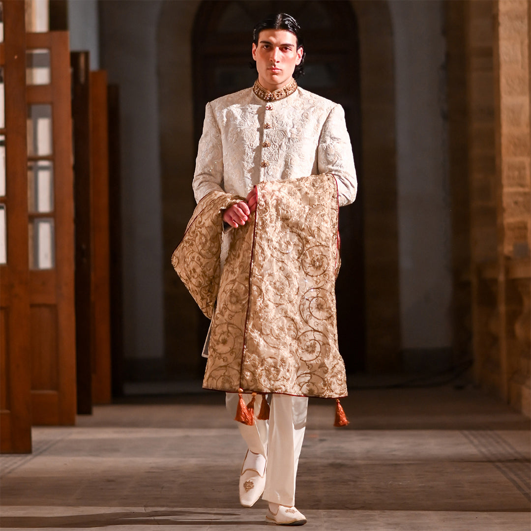 White Floral Embroidered Jjamawar Sherwani With Hand Work