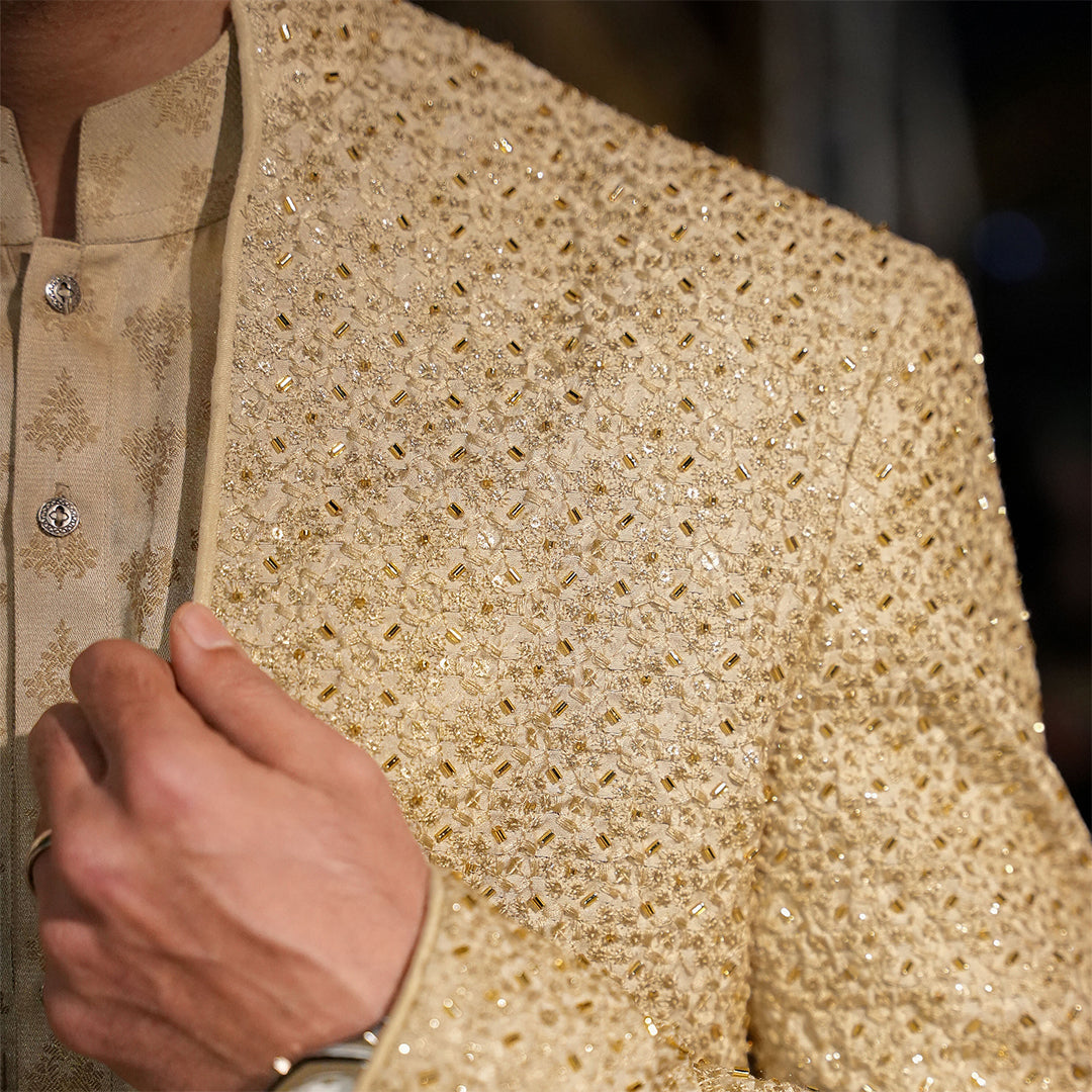 Beige Raw Silk Cut dana Open-Front Sherwani