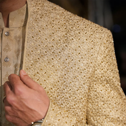 Beige Raw Silk Cut dana Open-Front Sherwani