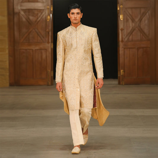 Beige Zari Hand Embroidered Sherwani