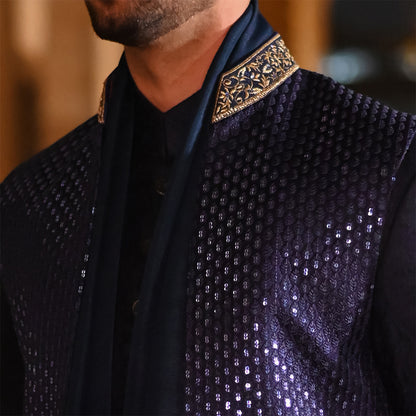 Blue Leaf Design Embroidered Waistcoat