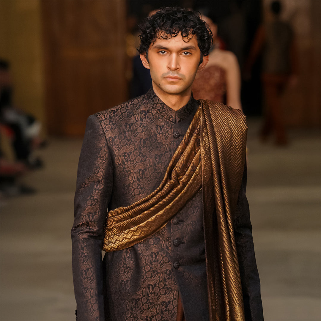 Black and brown Dhora Jamawar sherwani with premium Jamawar shawl