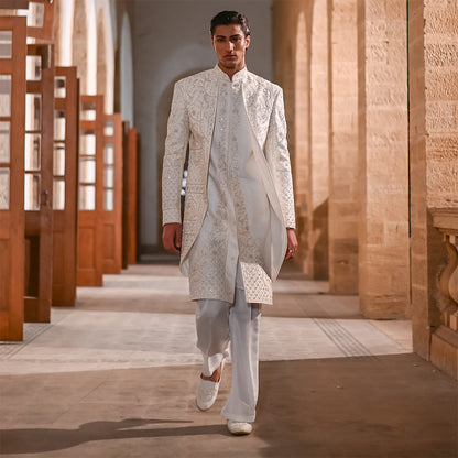 white Satin Sherwani With cut-dana Hand Embroidery