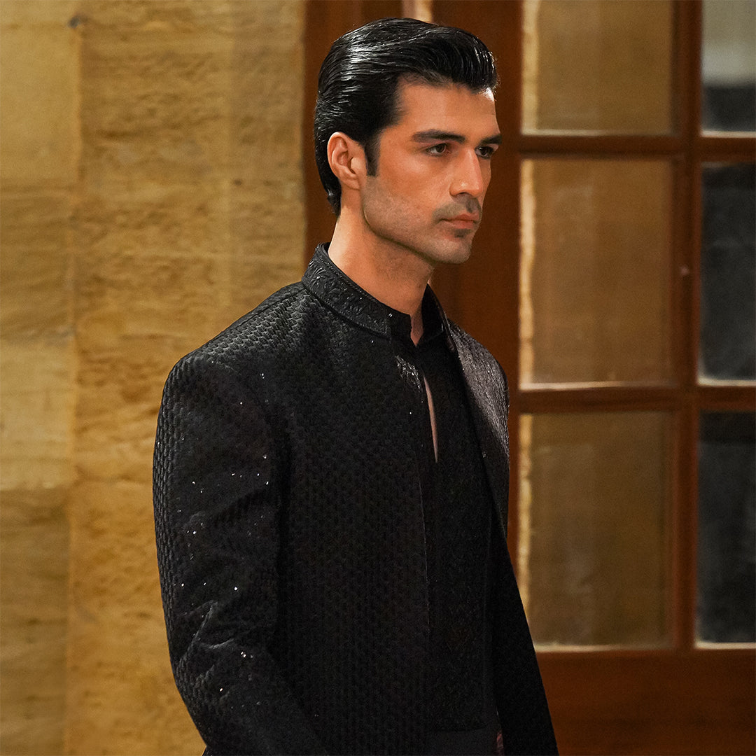 Black satin Embroidered Open-Front Sherwani