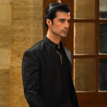 Black satin Embroidered Open-Front Sherwani