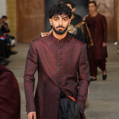 Maroon Jamawar Long Coat