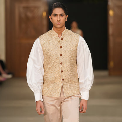 Beige Raw Silk Embroidered Waistcoat