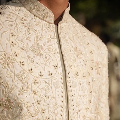 Off-White Satin Sherwani With Cut Dana Hand Embroidery