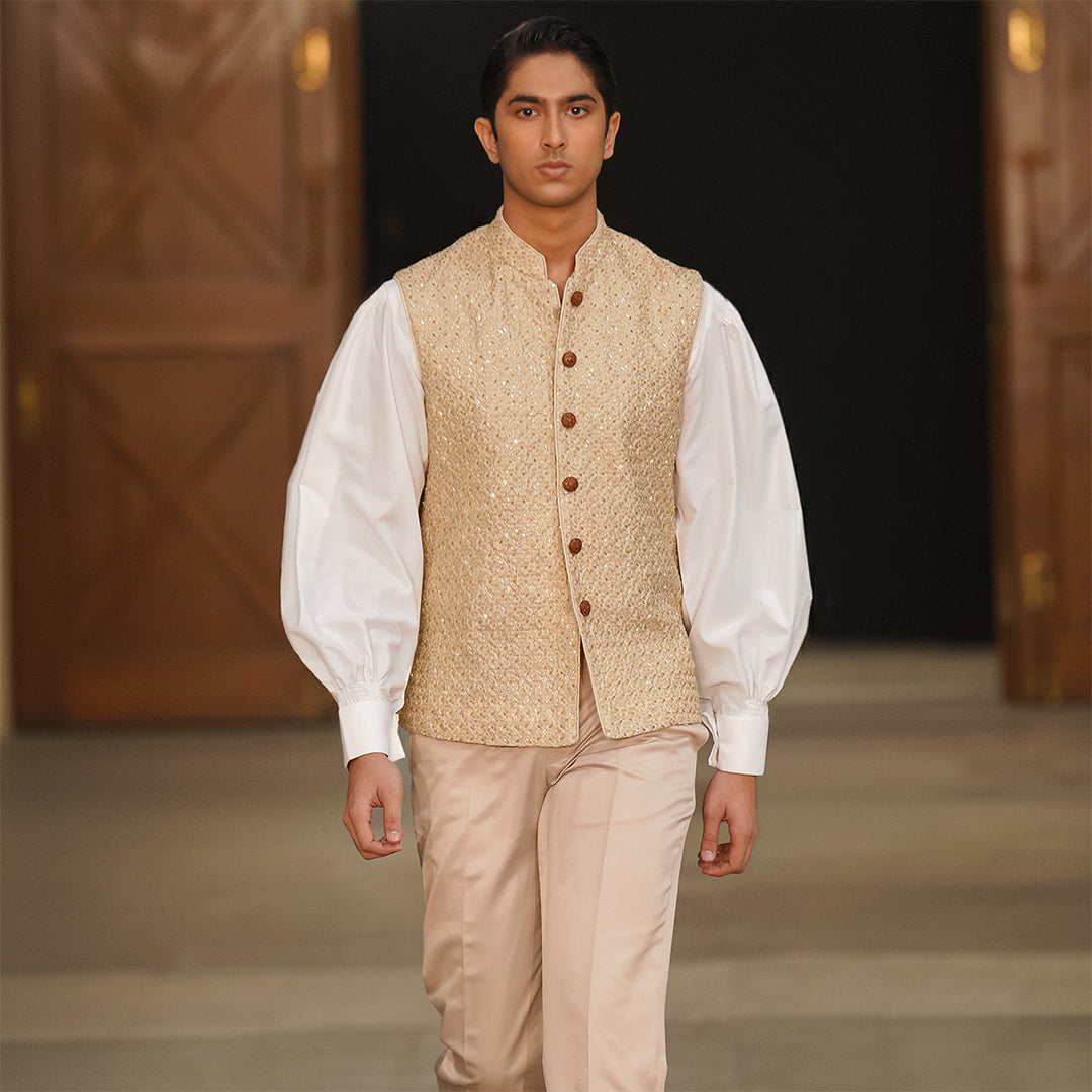 Beige Raw Silk Embroidered Waistcoat