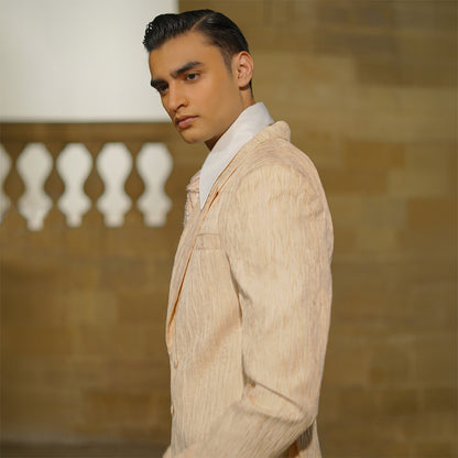 Pink Double-Breasted Crush Jamawar Jacket