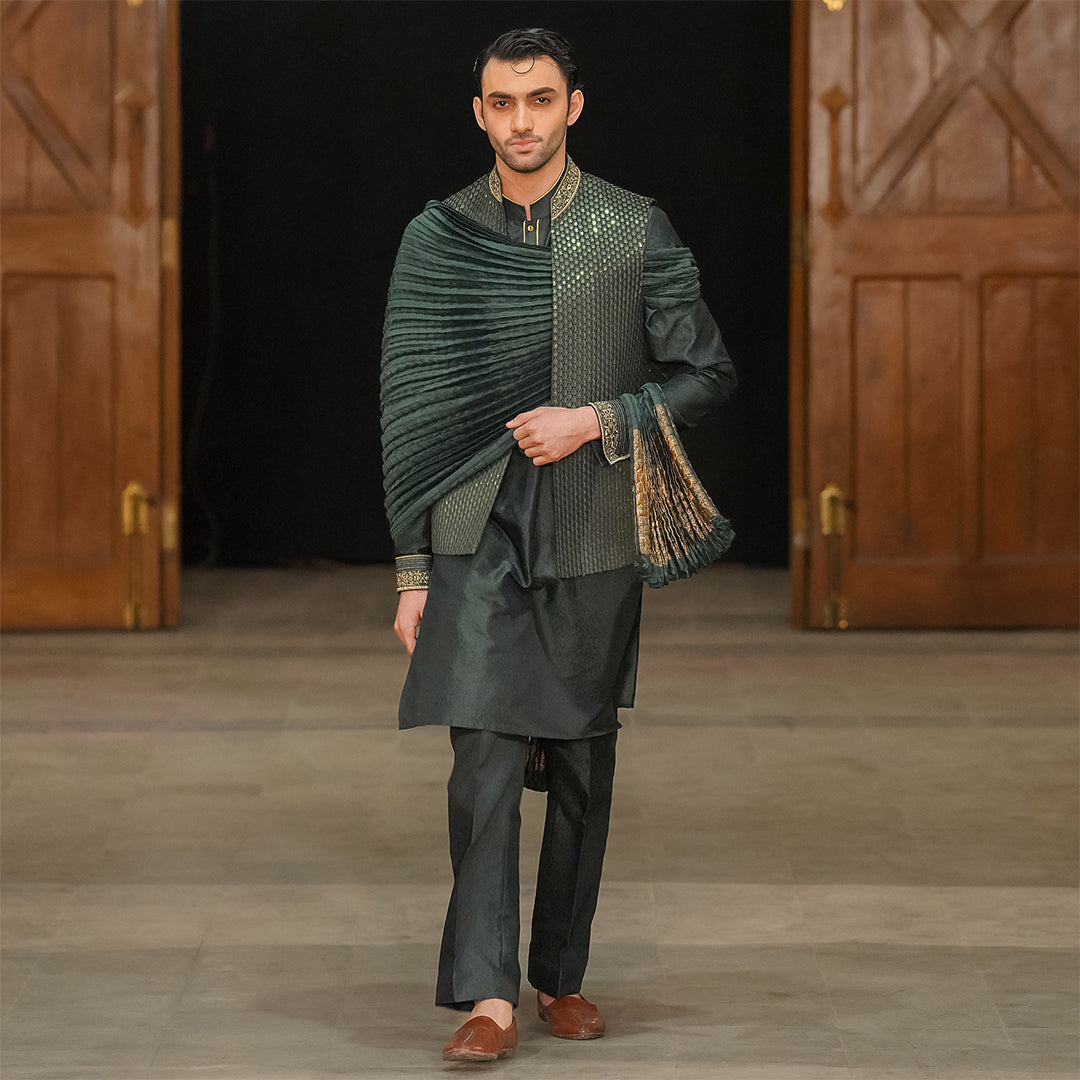 Green satin Embroidered Leaf-Design Waistcoat