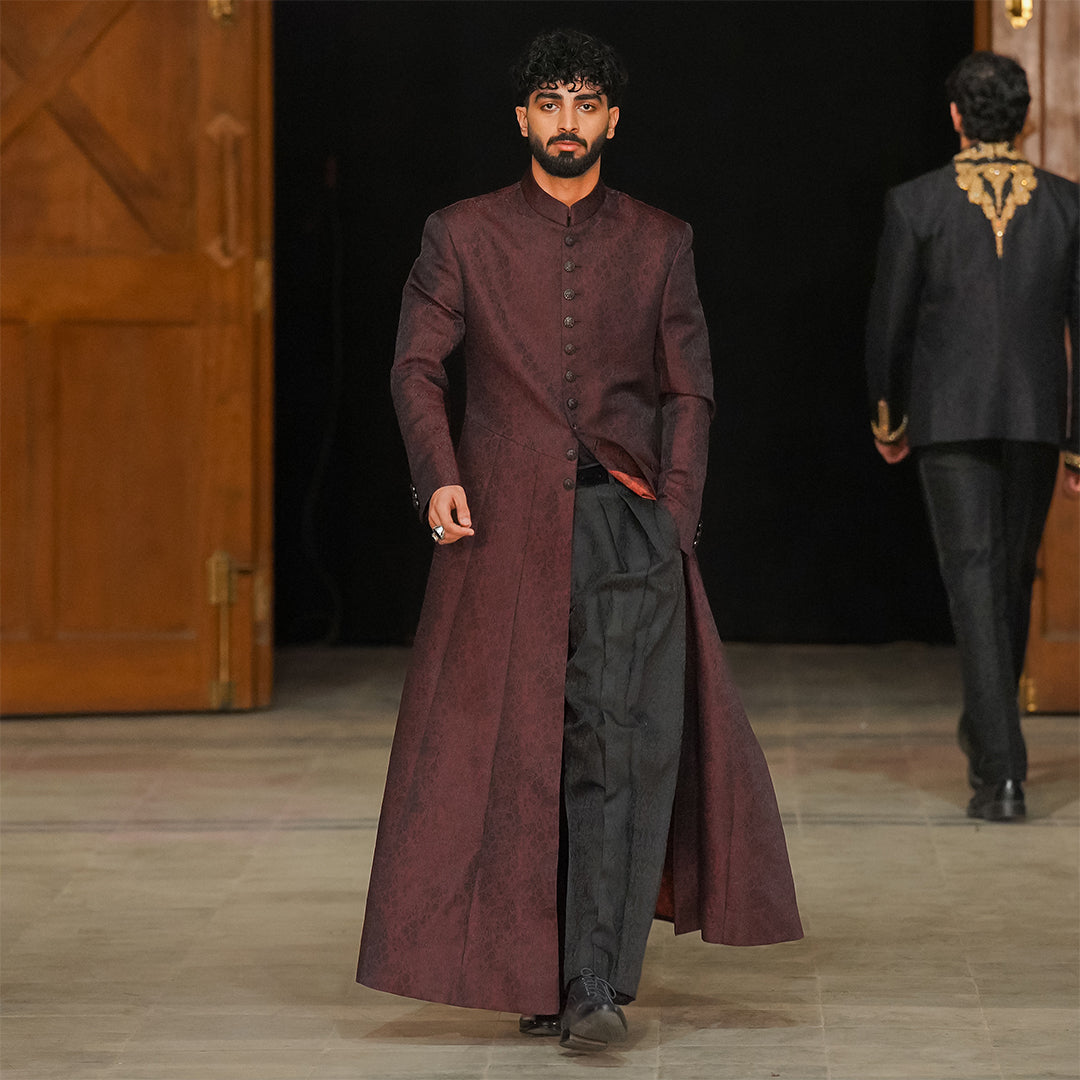 Maroon Jamawar Long Coat