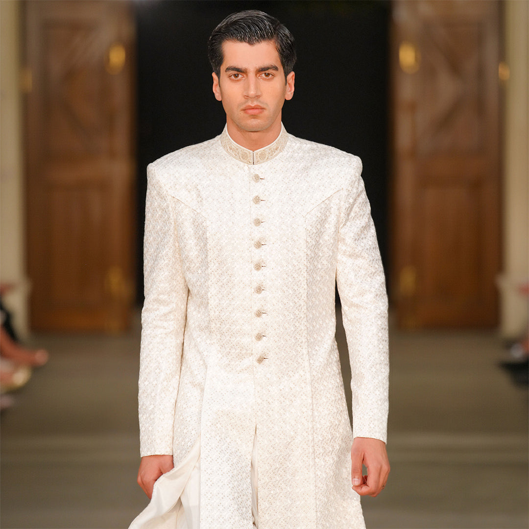 White Chiffon Open Front Kurta with embroidered neckline and buttons