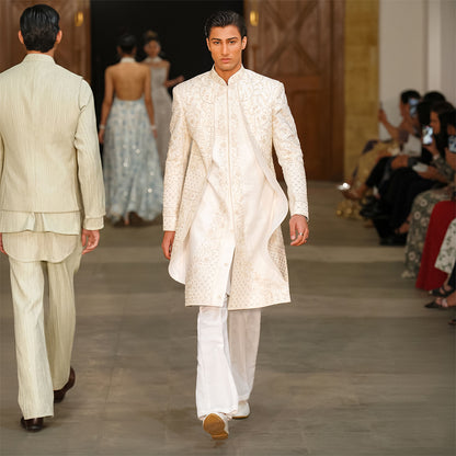 white Satin Sherwani With cut-dana Hand Embroidery