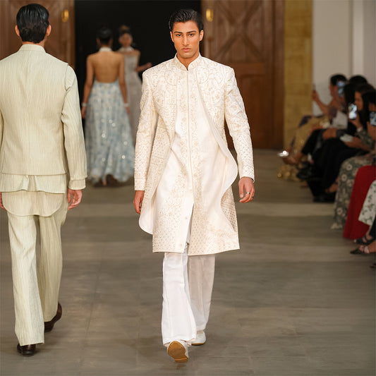 white Satin Sherwani With cut-dana Hand Embroidery