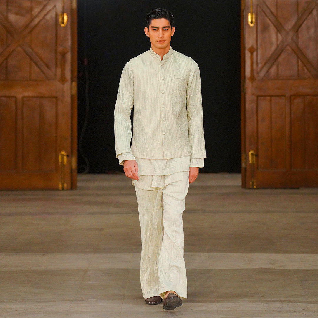 Mint Green Crush Jamawar Three-Piece Suit