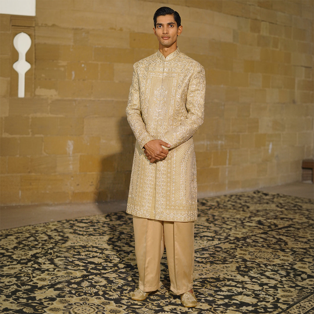 Beige Zari Machine Embroidered Sherwani