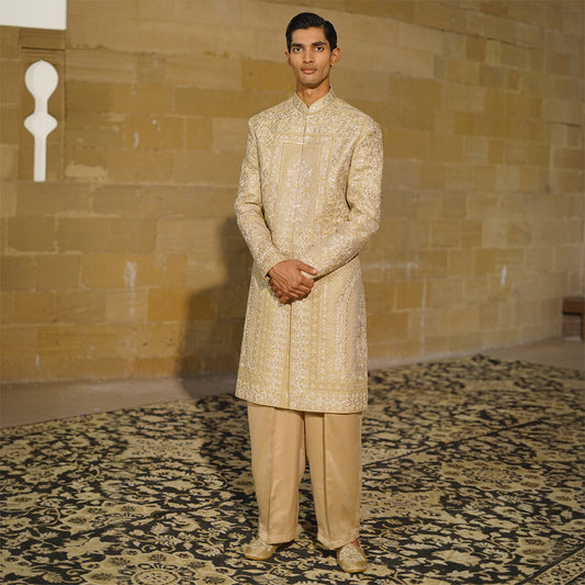 Beige Zari Machine Embroidered Sherwani