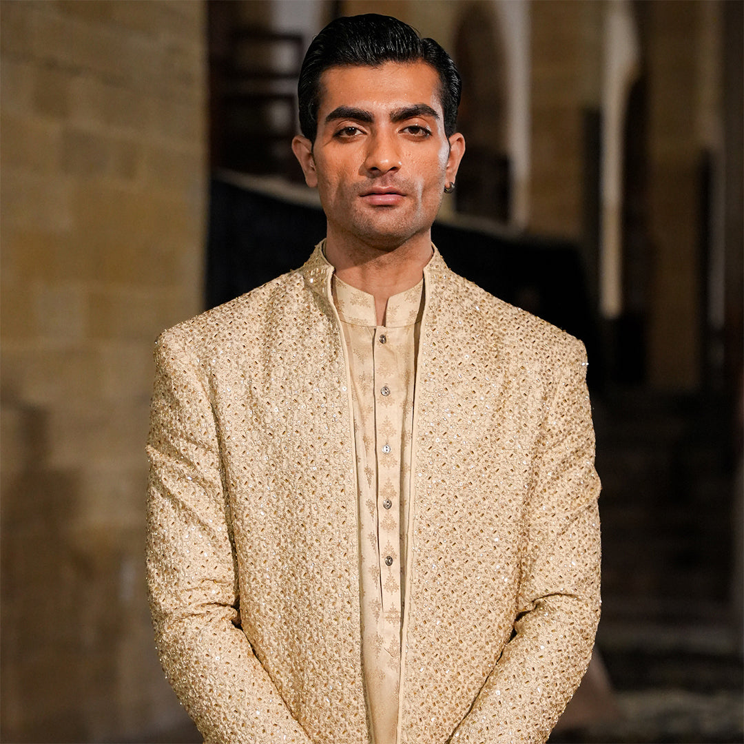 Beige Raw Silk Cut dana Open-Front Sherwani