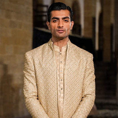 Beige Raw Silk Cut dana Open-Front Sherwani