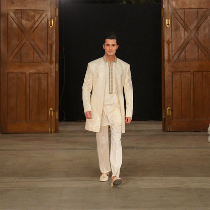 Cream Satin Silk Open Front Sherwani