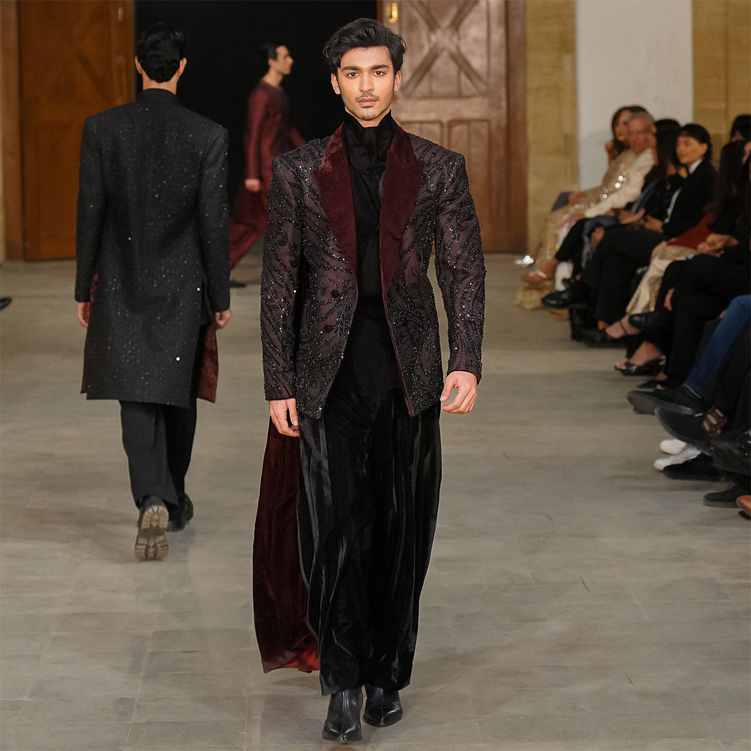 Double-Breasted Maroon Net-Embroidered Jamawar Jacket