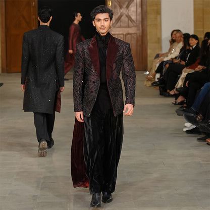 Double-Breasted Maroon Net-Embroidered Jamawar Jacket