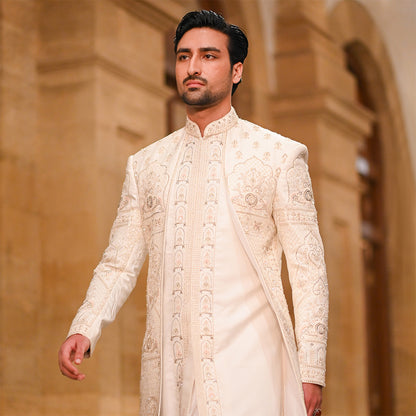 Off-white Square-Cut panel Satin Sherwani
