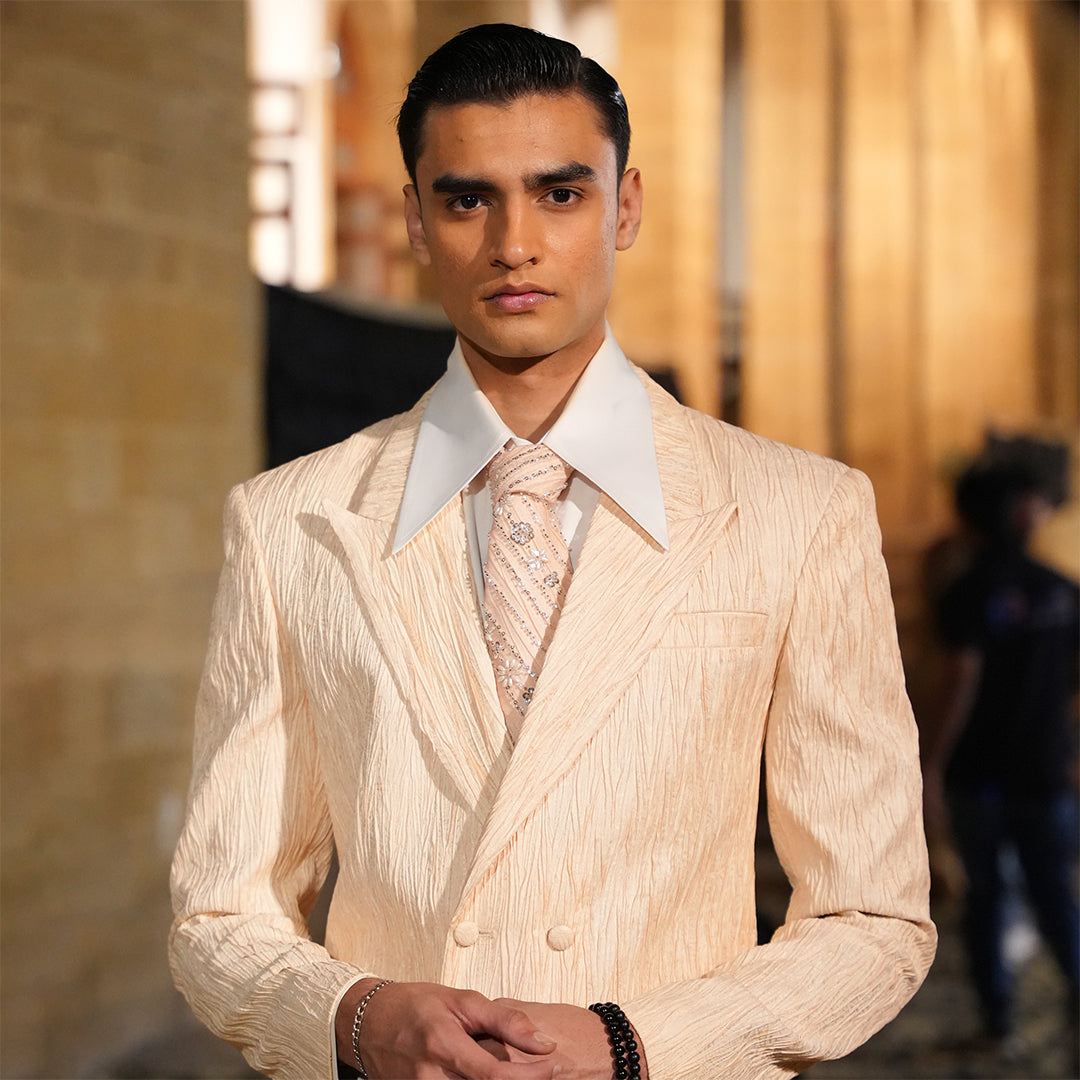 Pink Double-Breasted Crush Jamawar Jacket