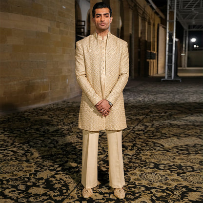 Beige Raw Silk Cut dana Open-Front Sherwani
