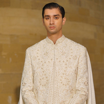 Off-White Satin Sherwani With Cut Dana Hand Embroidery